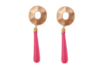 Pendiente de flamenca de lágrima pequeña de piedra cristal color rosa fucsia cabezal círculo metal