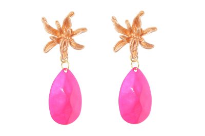 Pendiente de flamenca de lágrima de piedra cristal color fucsia con cabezal de flor