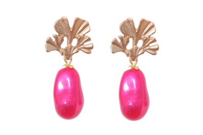 Pendiente de piedras nácar fucsia con cabezal de hojas