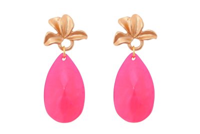 Pendiente de flamenca de lágrima de piedra cristal color fucsia con cabezal de hojas