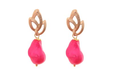 Pendiente de piedras nácar rosa fucsia con cabezal de hojas