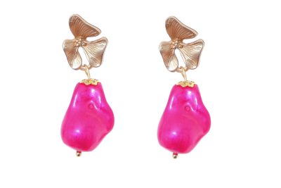 Pendiente de piedras nácar rosa fucsia con cabezal 3 hojas