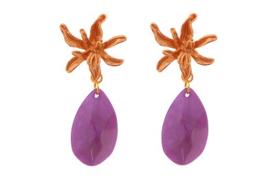 Pendiente de flamenca de lágrima de piedra cristal color malva con cabezal de flor