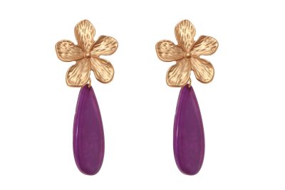 Pendiente de flamenca de lágrima plana de piedra cristal color morado con cabezal de flor