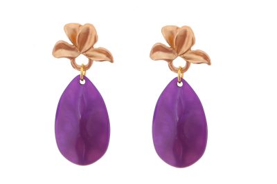 Pendiente de flamenca de lágrima de piedra cristal color morado con cabezal de hojas