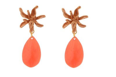 Pendiente de flamenca de lágrima de piedra cristal color naranja con cabezal de flor