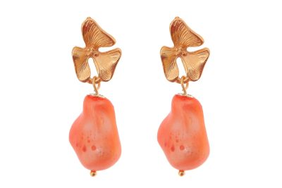 Pendiente de piedras nácar naranja con cabezal 3 hojas