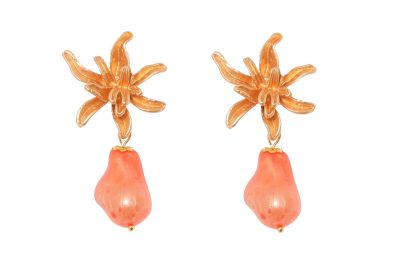 Pendiente de piedras nácar naranja con cabezal flor