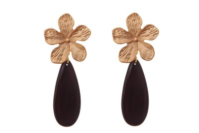 Pendiente de flamenca de lágrima plana de piedra cristal color negro con cabezal de flor