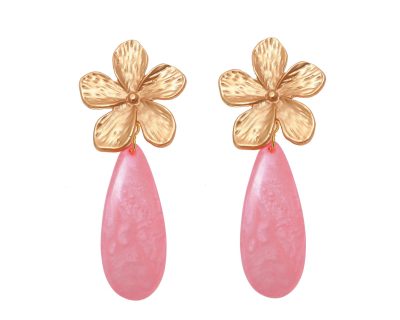 Pendiente de flamenca de lágrima plana de piedra cristal color rosa palo con cabezal de flor