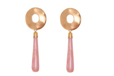 Pendiente de flamenca de lágrima pequeña de piedra cristal color rosa palo cabezal círculo metal