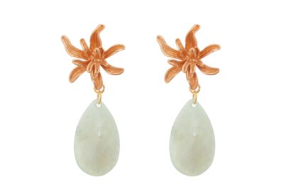 Pendiente de flamenca de lágrima de piedra cristal color verde agua con cabezal de flor