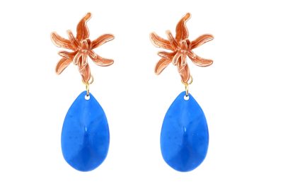 Pendiente de flamenca de lágrima de piedra cristal color azul zafiro con cabezal de flor