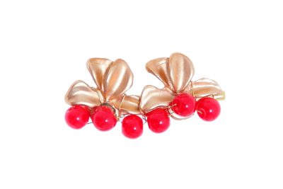 Broche dorado de hojas con bolas de piedra Ágata en rojo