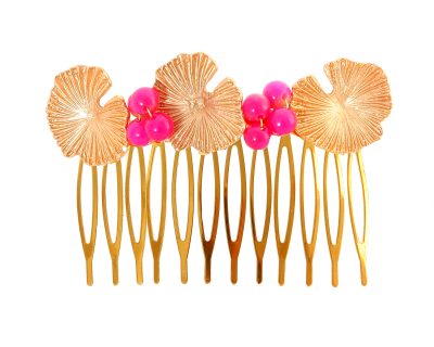 Peinecillo nenúfar con bolas de piedra Ágata en rosa fucsia