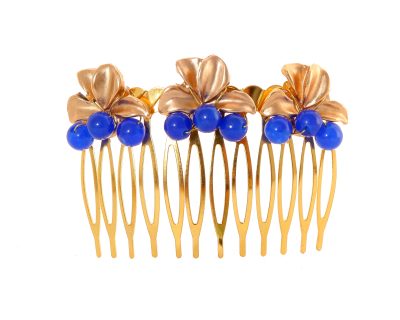 Peinecillo de hoja con bolas de piedra Ágata en azul zafiro