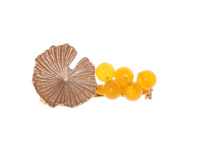 Broche dorado de nenúfar con bolas de piedra Ágata en mostaza