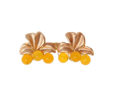 Broche dorado de hojas con bolas de piedra Ágata en mostaza