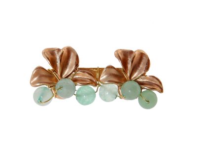 Broche dorado de hojas con bolas de piedra Ágata en verde jabonoso