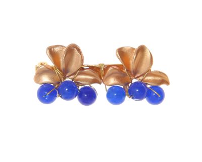 Broche dorado de hojas con bolas de piedra Ágata en azul zafiro