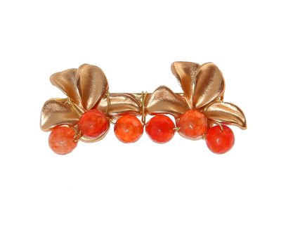 Broche dorado de hojas con bolas de piedra Ágata en tonos naranjas