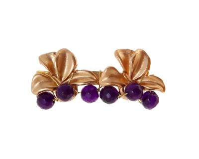 Broche dorado de hojas con bolas de piedra Ágata en morado