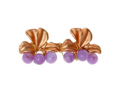 Broche dorado de hojas con bolas de piedra Ágata en lila