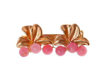 Broche dorado de hojas con bolas de piedra Ágata en rosa
