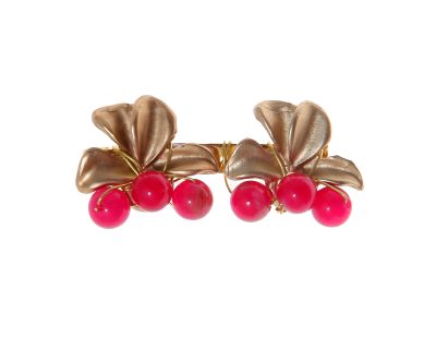 Broche dorado de hojas con bolas de piedra Ágata en rosa fucsia