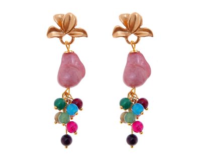 Pendientes de bolas de piedras Ágata y piedras nácar maquillaje y multicolores con cabezal de hojas