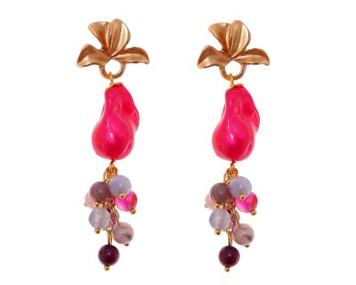 Pendientes de bolas de piedras Ágata y piedras nácar fresa y multicolores con cabezal de hojas