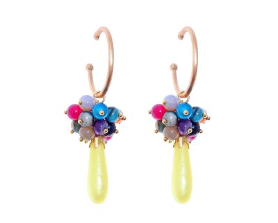 Pendientes de bolas Ágata y lágrimas multicolores y amarillo con cabezal de aro