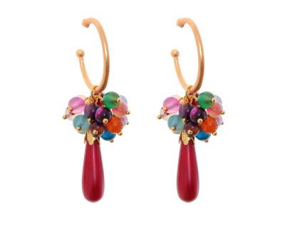 Pendientes de bolas Ágata y lágrimas multicolores y burdeos con cabezal de aro