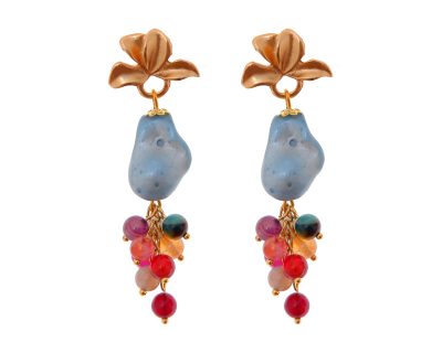 Pendientes de bolas de piedras Ágata y piedras nácar azul ducado y multicolores con cabezal de hojas