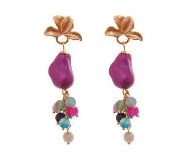 Pendientes de bolas de piedras Ágata y piedras nácar morado y multicolores con cabezal de hojas