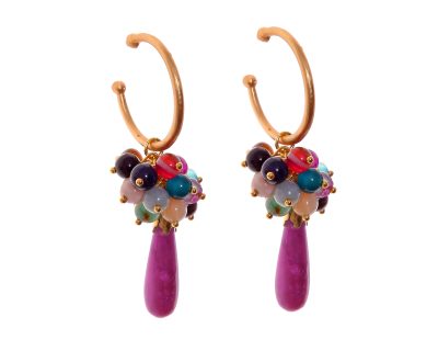 Pendientes de bolas Ágata y lágrimas multicolores y morado con cabezal de aro