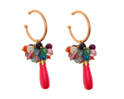 Pendientes de bolas Ágata y lágrimas multicolores y frambuesa con cabezal de aro