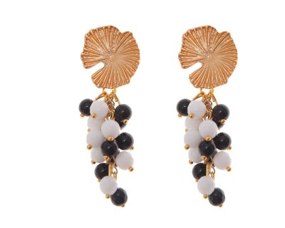 Pendientes de bolas de piedras Ágata negro y blanco con cabezal de nenúfar