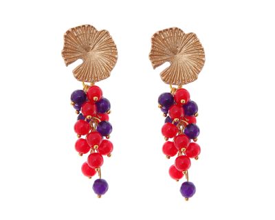 Pendientes de bolas de piedras Ágata rojo y morado con cabezal de nenúfar