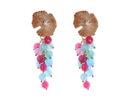 Pendientes de bolas de piedras Ágata en tonos pastel con cabezal de nenúfar