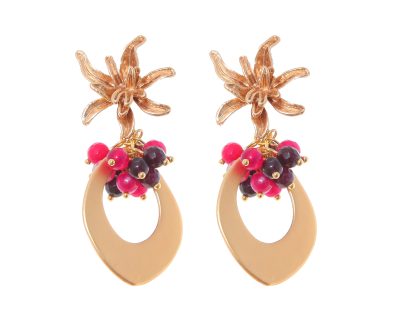 Pendientes de lágrima de oro con bolas de piedra Ágata en tonos buganvilla y cabezal de flor