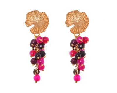 Pendientes de bolas de piedras Ágata en tonos buganvillas con cabezal de nenúfar