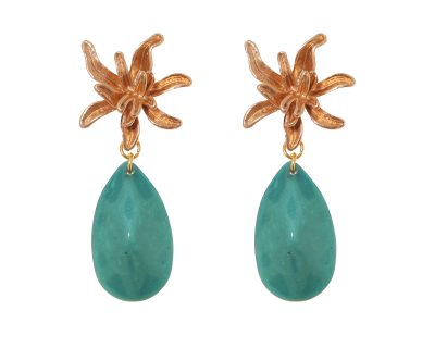 Pendiente de flamenca de lágrima de piedra cristal color verde con cabezal de flor