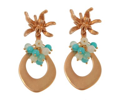 Pendientes de lágrima de oro con bolas de piedra Ágata en tonos verdosos y beige y cabezal de flor