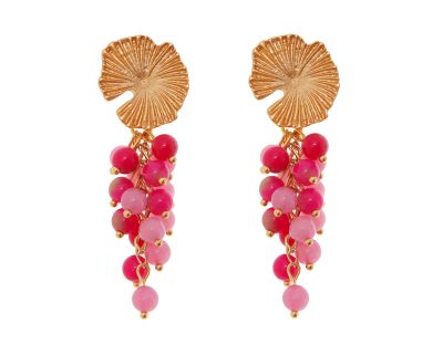 Pendientes de bolas de piedras Ágata en tonos de rosa con cabezal de nenúfar