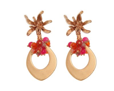 Pendientes de lágrima de oro con bolas de piedra Ágata rosa y naranja y cabezal de flor
