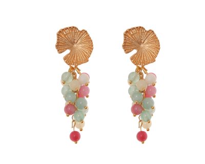 Pendientes de bolas de piedras Ágata rosa, verde jabonoso y beige con cabezal de nenúfar