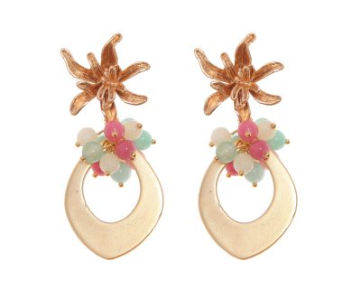 Pendientes de lágrima de oro con bolas de piedra Ágata rosa, verde jabonoso y beige y cabezal de flor