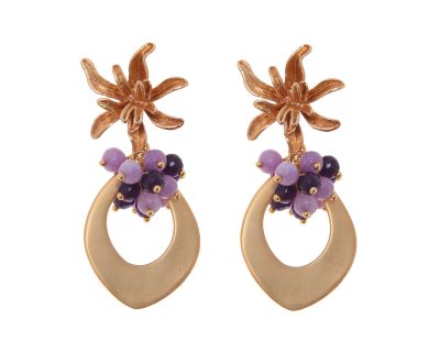 Pendientes de lágrima de oro con bolas de piedra Ágata en tonos morados y cabezal de flor