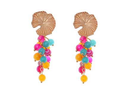 Pendientes de bolas de piedras Ágata mostaza, buganvilla y verde con cabezal de nenúfar